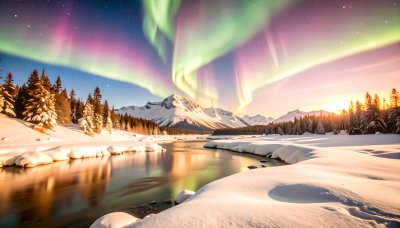 Magical Aurora Borealis over snowy mountains and river
