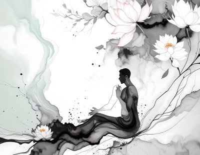 Man meditating with lotus flowers and watercolor background