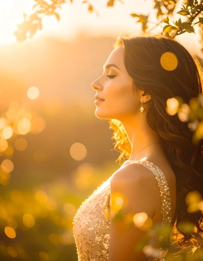 Woman in golden hour light, eyes closed, amidst foliage and bokeh