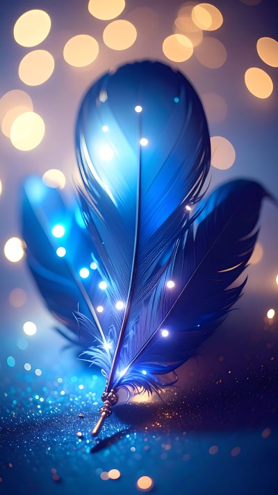Glowing blue feather with bokeh and glitter background