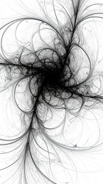 Abstract black & white fractal art w/ swirling lines & dark center.