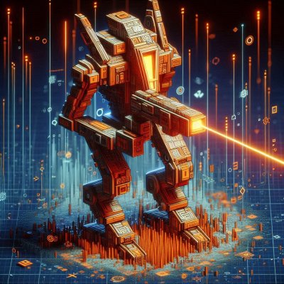 Geometric robotic mech firing energy beam in digital landscape