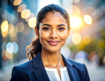 Confident businesswoman smiling warmly, success, approachability
