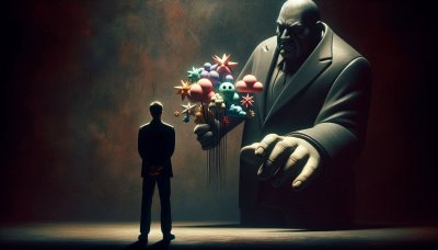 Giant figure offers whimsical shapes to a person, depicting societal e