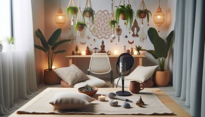 Spiritual podcast recording setup with mic, plants, candles, mandala