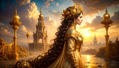 Empress in golden attire, opulent city, sunset