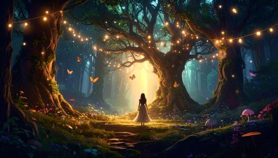 Magical forest glade with golden light and a lone figure