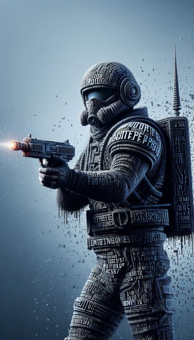 Sci-fi soldier of text and data holding gun, futuristic concept