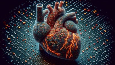 Digital heart of data and code on circuit board with glowing pathways