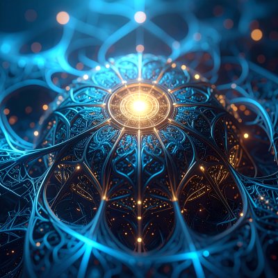 Glowing blue and orange fractal neural network digital art