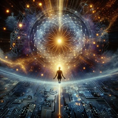 Spiritual figure over circuit board with cosmic energy network