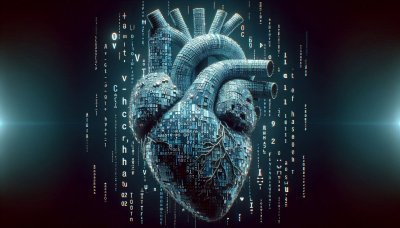 Circuit board heart with binary code, illustrating tech and biology