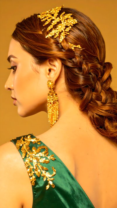 Luxurious emerald dress, gold jewelry, elegant woman.