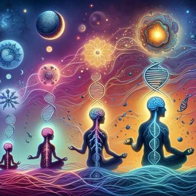 Meditating figures with anatomy, DNA in cosmic spiritual science art