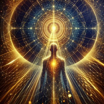 Radiant figure under golden celestial mandala, symbolizing spiritualit