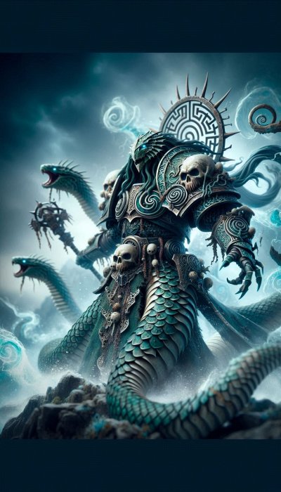 Armored serpent warrior with multiple heads, skulls, scales