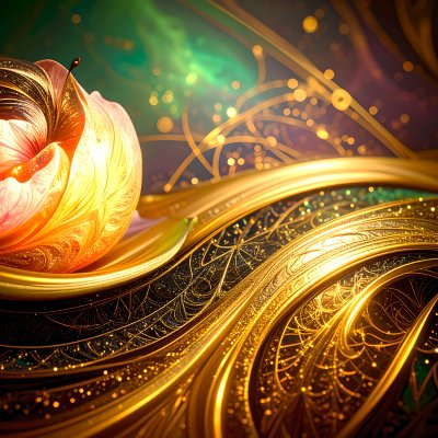 Golden petal in green nebula with bokeh, wonder, luxury