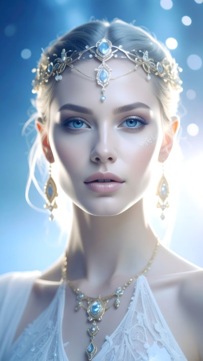 Elegant woman portrait w/ golden blue gem fantasy jewelry, soft blu...
