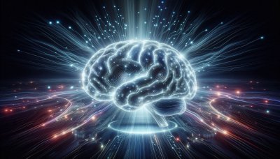 Digital brain with glowing neural pathways, AI, and technology on a da