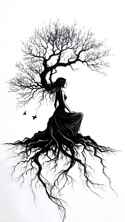 Black & white illus woman merged w/ tree roots bare branches