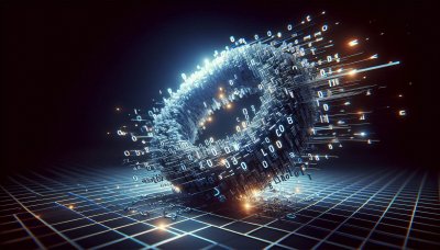 Abstract digital torus of glowing data symbols on grid background