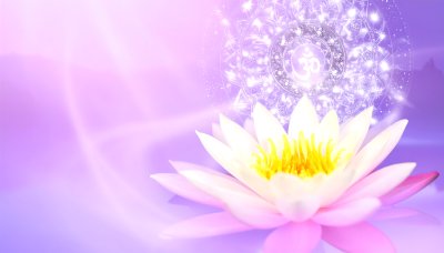 Luminous Om symbol in mandala over pink lotus