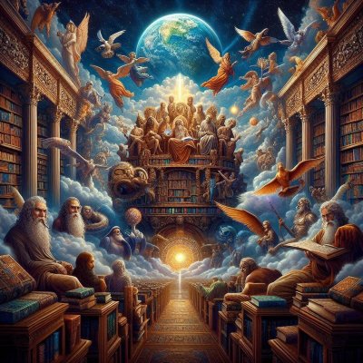 Celestial Library: Angels, Scholars, and Earth in a Cloud-Filled Scene