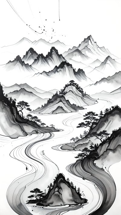 East Asian ink wash landscape with mountains, river, and trees