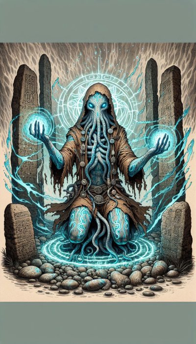 Tentacled creature casting blue magic among ancient stones