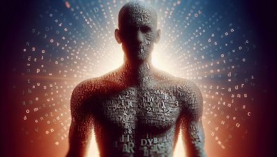 Human figure made of letters and numbers, light emanating, data repres