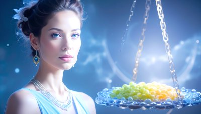 Woman in blue gown with jewels contemplating gem-filled scale