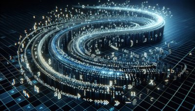 Swirling vortex of glowing digital code and data on dark grid