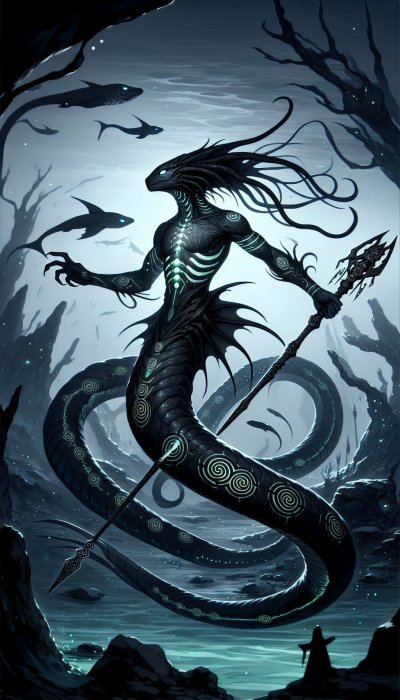 Serpentine humanoid creature with trident in dark watery realm