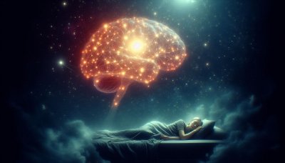 Woman dreaming of glowing brain in starry sky, representing the subcon