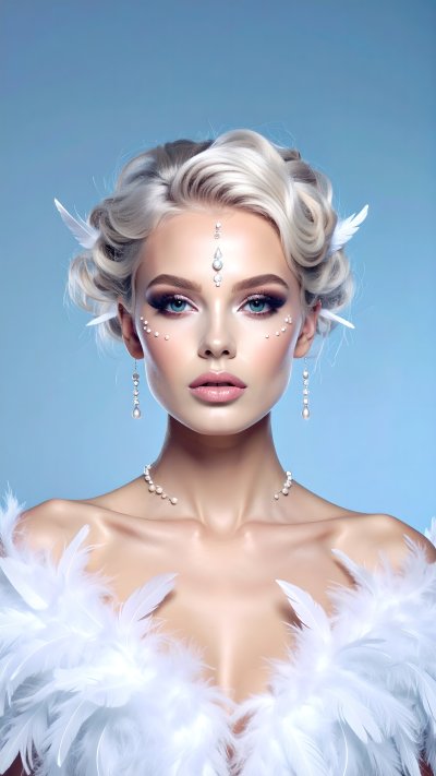 Ethereal woman with white feathers, gems, and pearls on blue