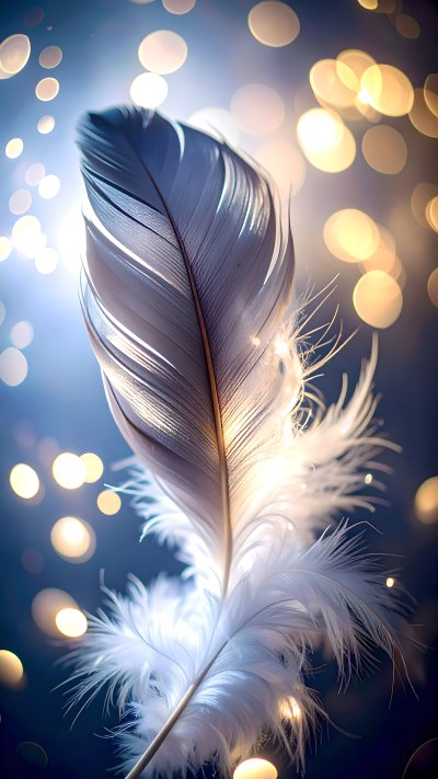Glowing white feather close-up w/ golden bokeh lights on dark backg...