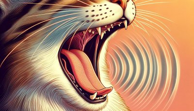 Yawning cat close-up illustration with open mouth and sound wave visua