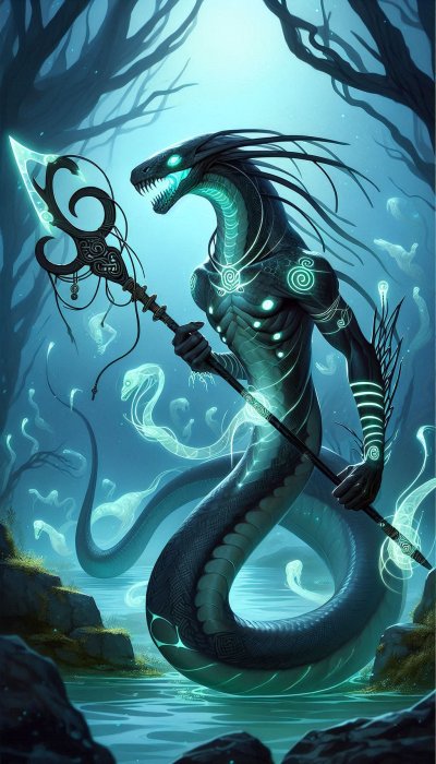 Mystical serpentine humanoid in blue underwater setting with staff