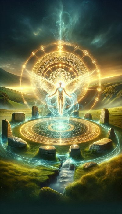 Angel figure within a stone circle, radiating light over a tranquil la