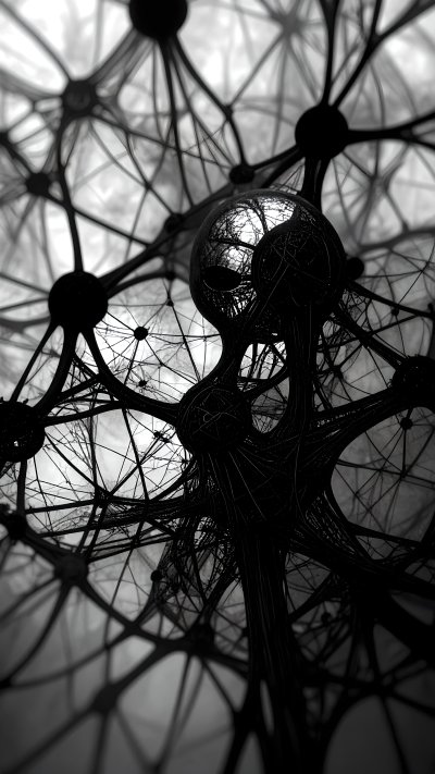 Abstract black and white network with central head-like entity