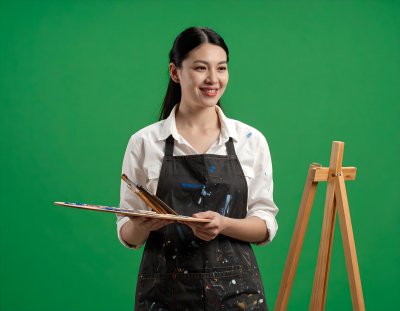 Asian artist with palette on green screen for digital compositing