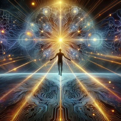 Figure ascends from circuit board to glowing network, tech/spiritualit