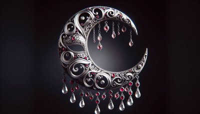 Silver Crescent Moon Pendant with Ruby Accents and Gemstones