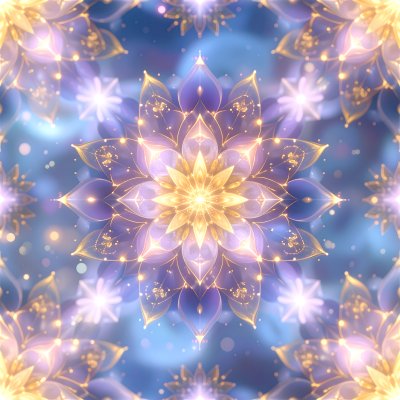 Ethereal glowing floral mandala w/ purple & gold accents on blue bo...