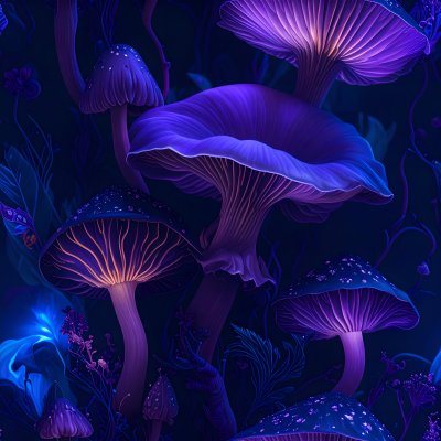Glowing purple mushrooms in dark magical forest scene