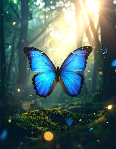 Magical forest scene with a stunning blue morpho butterfly