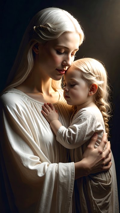 Mother and child in tender embrace, spiritual art style