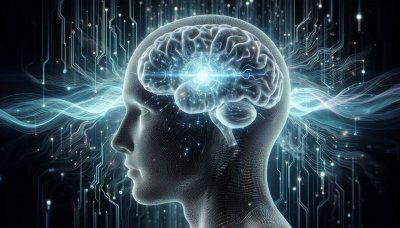 Glowing circuit brain in human head with digital lines on black backgr