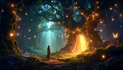 Woman at glowing portal in enchanted forest, magical journey