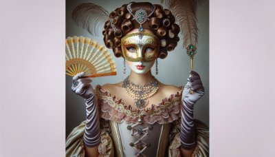Baroque masked woman with fan and scepter in studio, elegance and myst